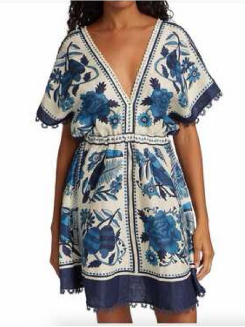 Farm Rio Tropical Tiles Linen Blend Floral Mini Dress Women’s M - Picture 2 of 11